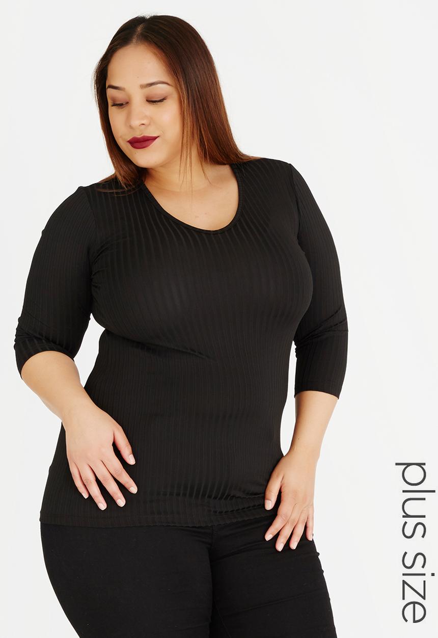 edit Plus - V-Neck Long 3/4 Slv Rib T Black