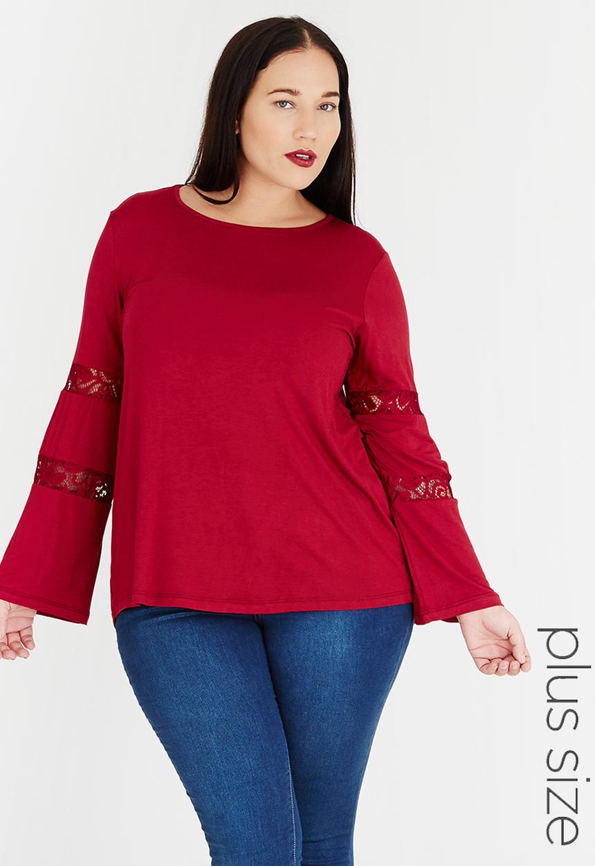 edit Plus - Sheer Inset Top Burgundy