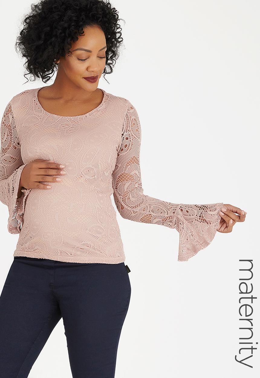 edit Maternity - Fluted Sleeve Lace Top Pale Pink