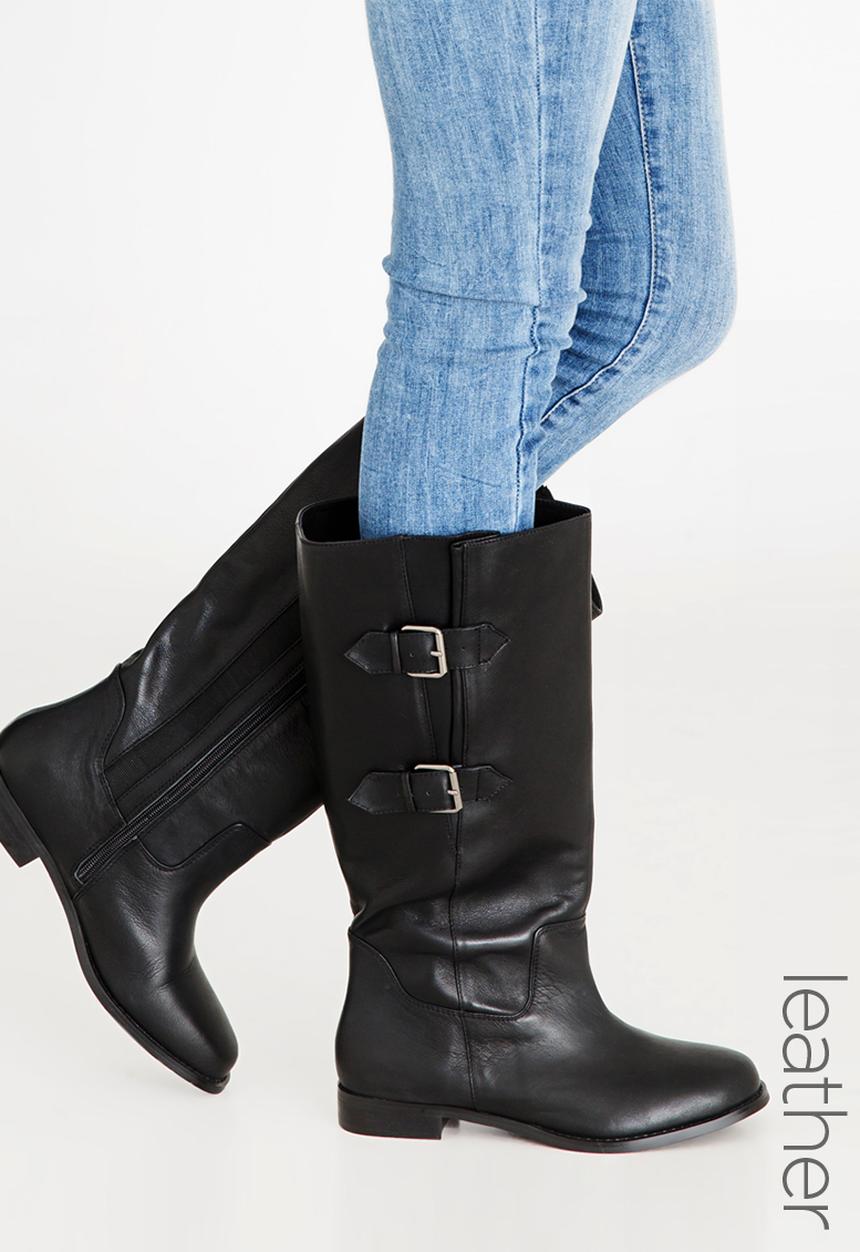 Julz - Leather Wider Calves Double Buckle Boots Black