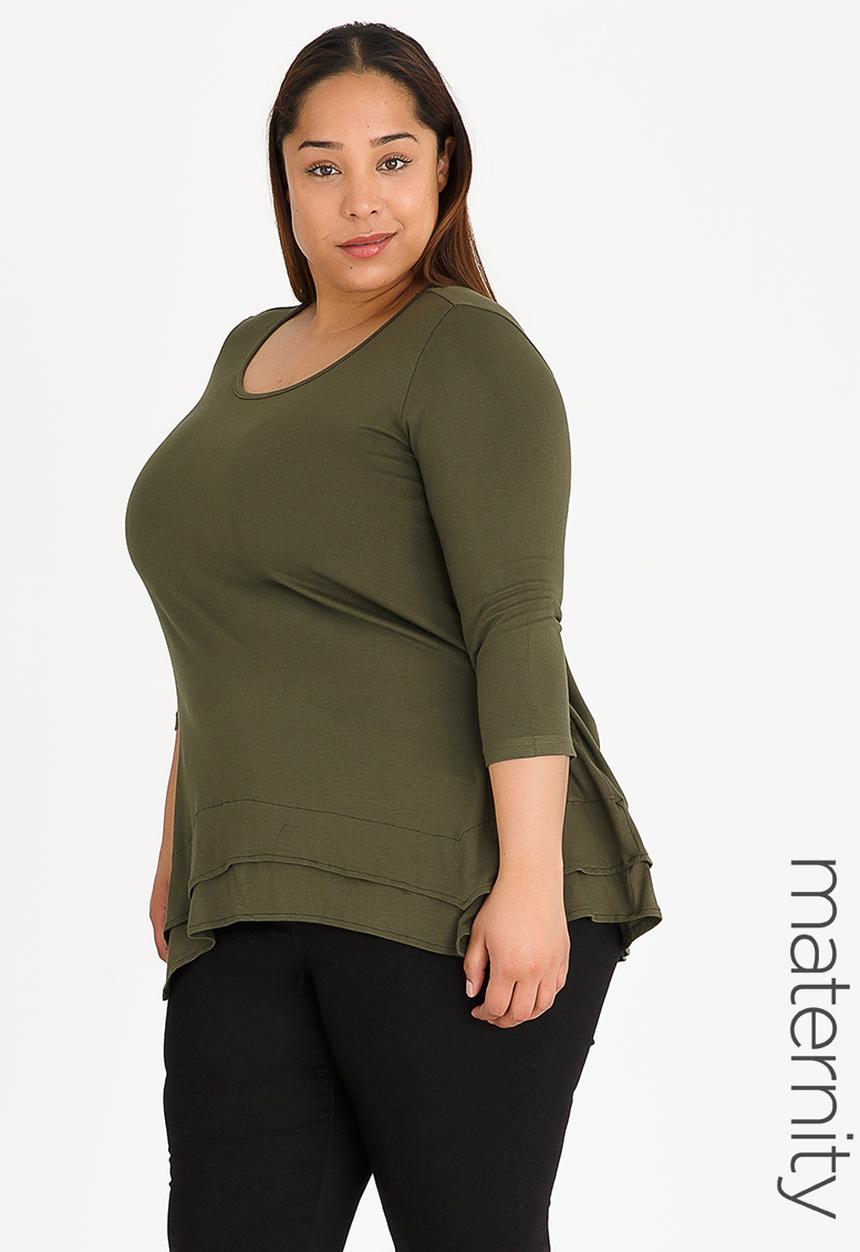 STYLE REPUBLIC PLUS - Double Layer Hanky Hem T-Shirt Khaki Green