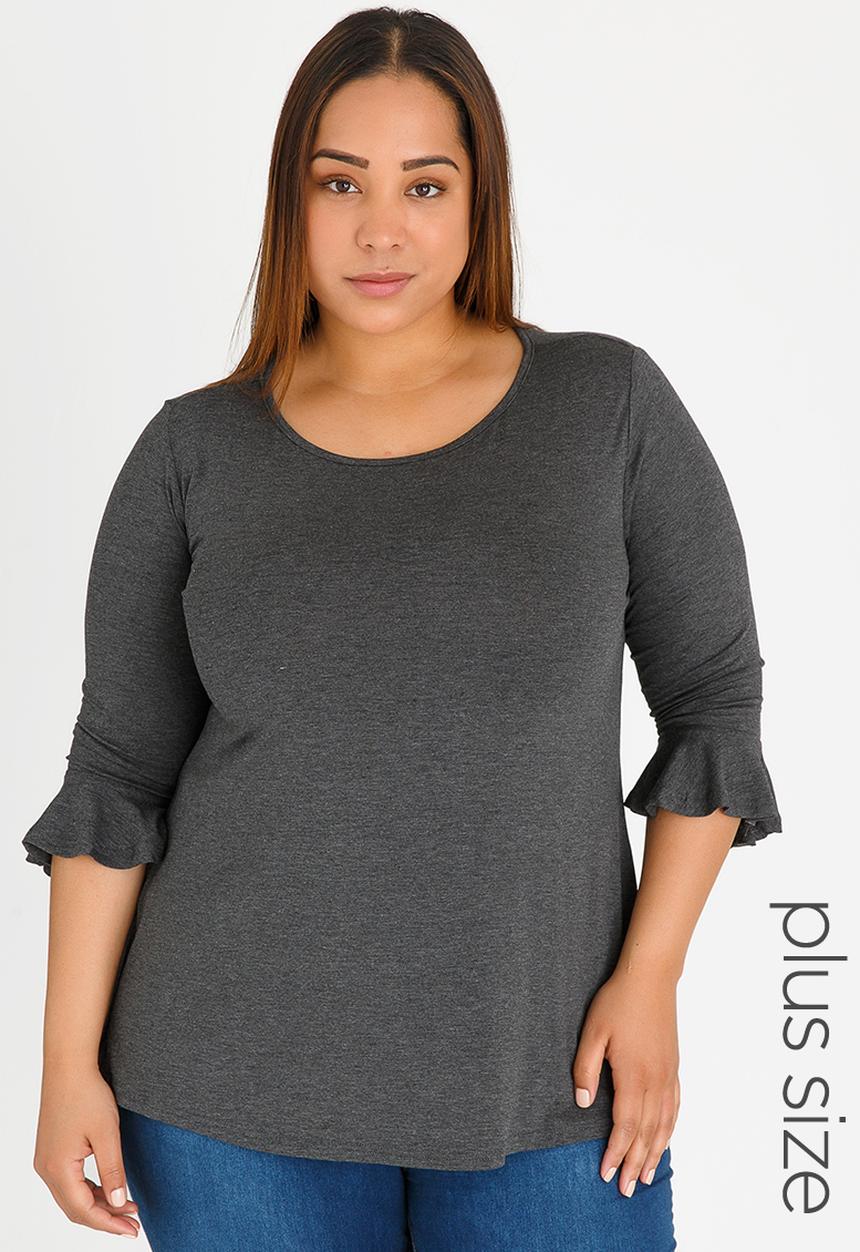 edit Plus - 3/4 Sleeve Frill T-Shirt Dark Grey