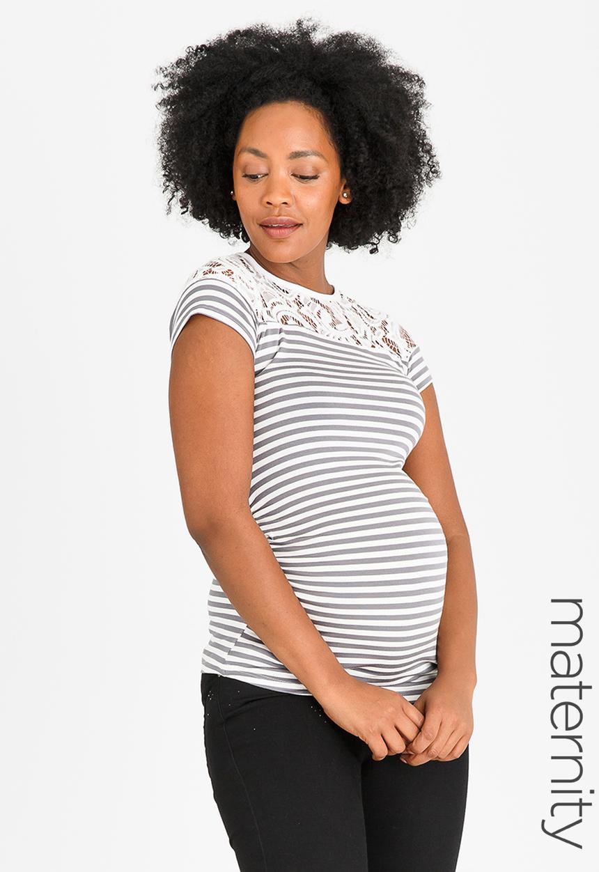 edit Maternity - Lace Inset Stripe T-shirt Grey Melange