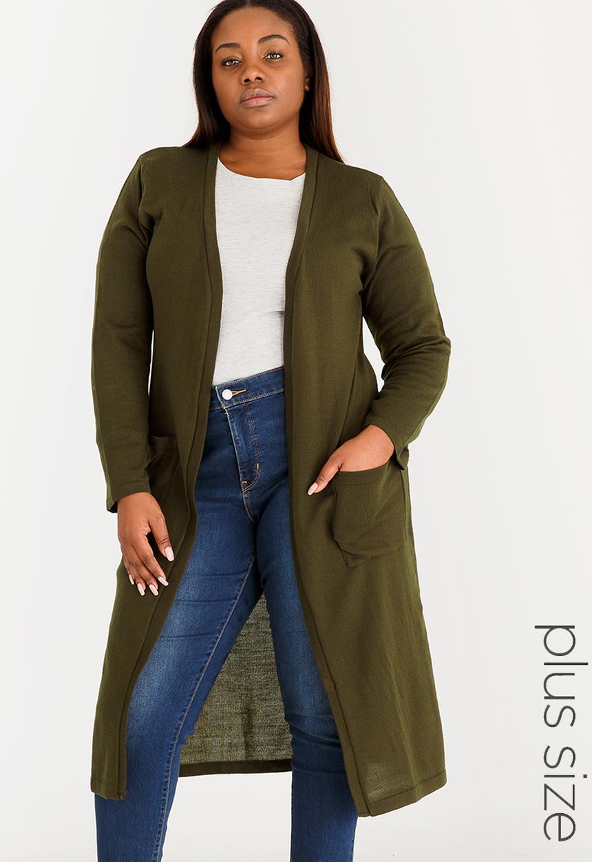 edit Plus - Light Weight Cardi with Pockets Khaki Green