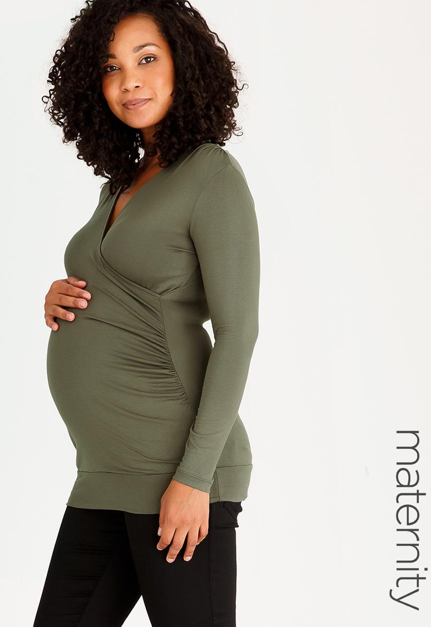 edit Maternity - Cross-Over Front Top with Gauging Detail Khaki Green