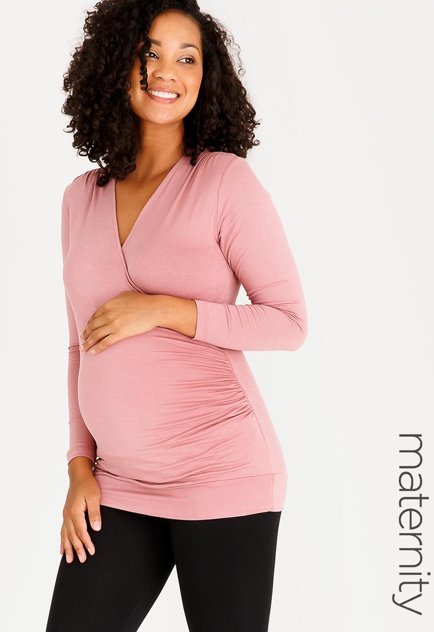 edit Maternity - Cross-Over Front Top with Gauging Detail Rose