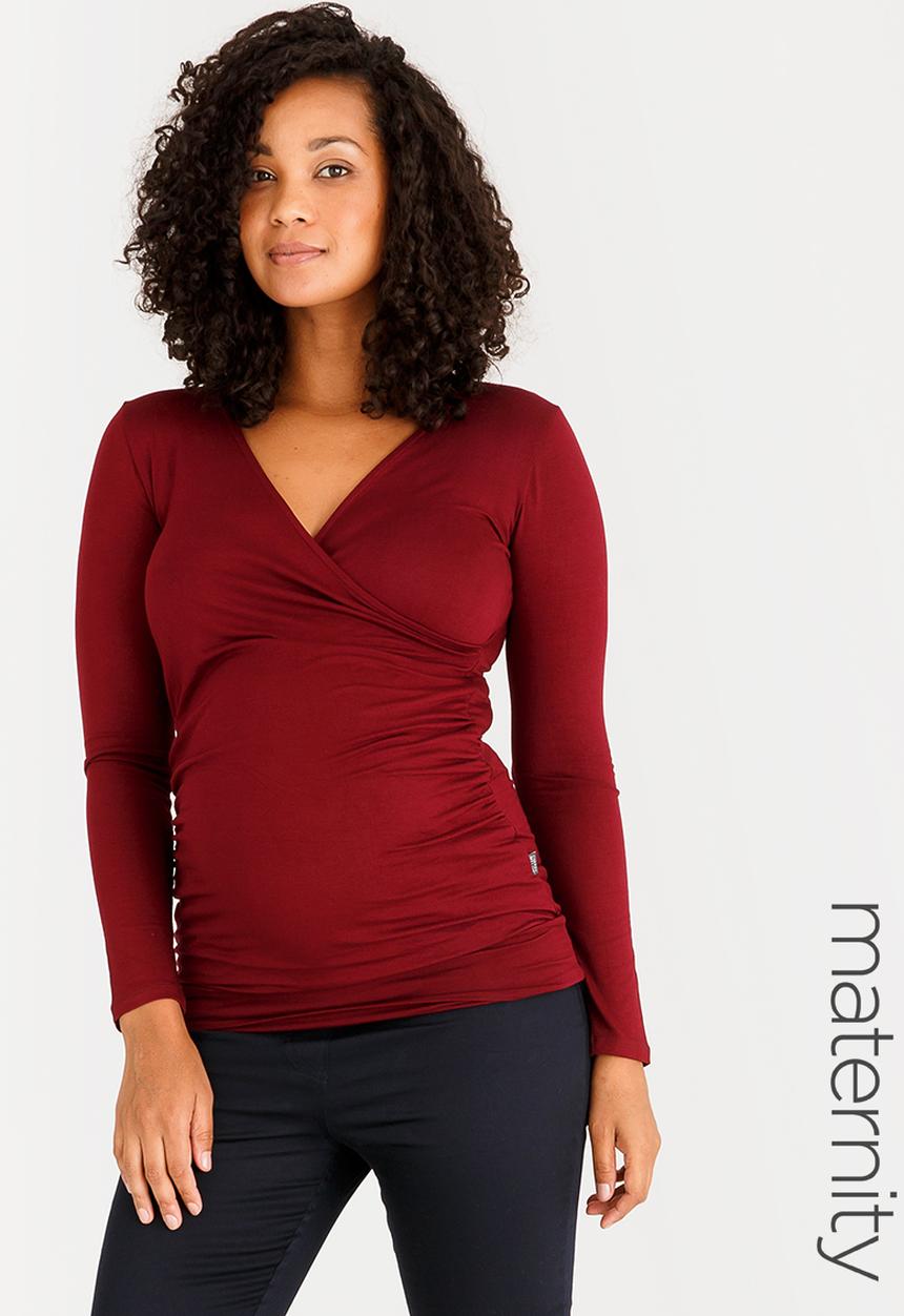 Cherry Melon - Longsleeve Gauged Wrap Top Burgundy