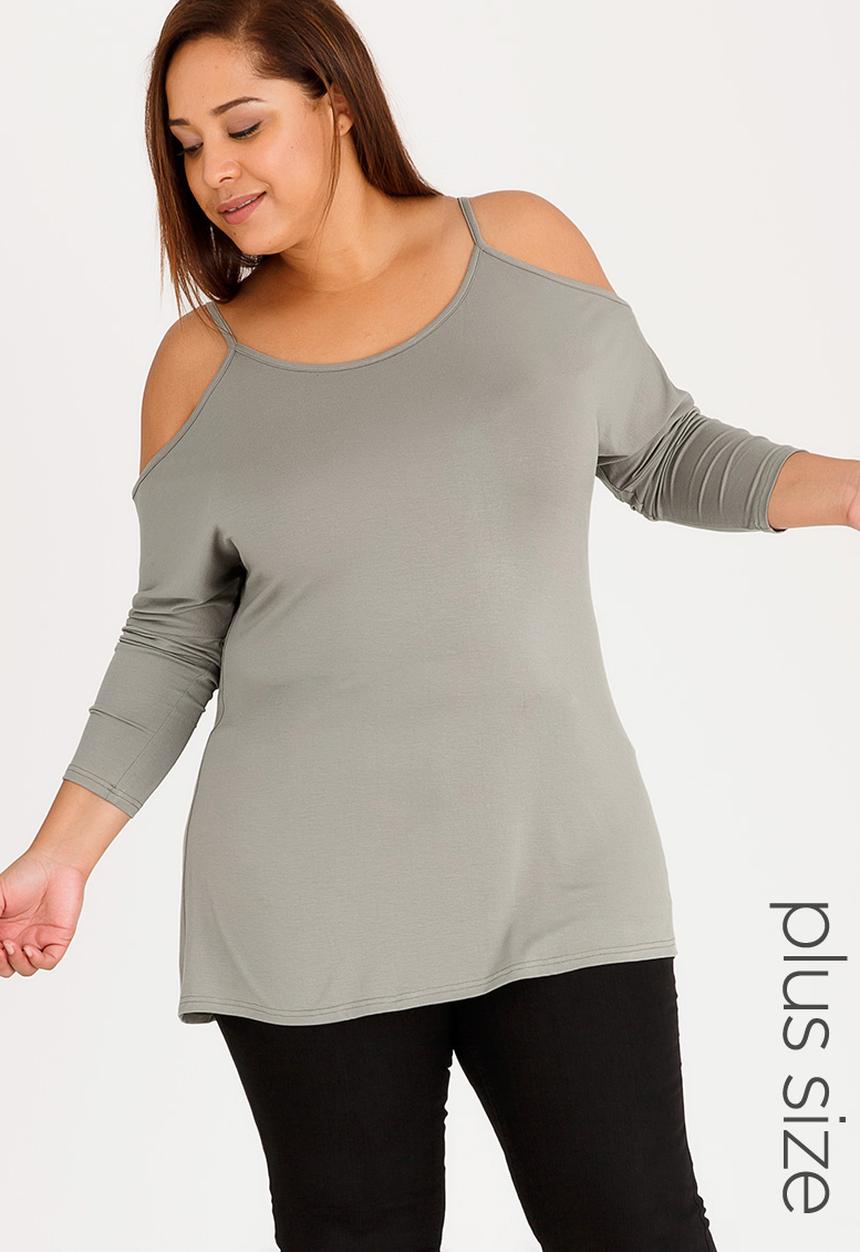 edit Plus - Cold Shoulder Long Sleeve Tee Grey