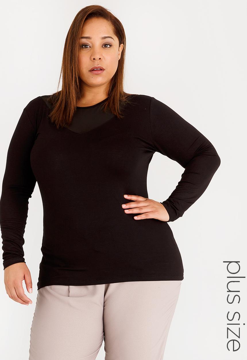 STYLE REPUBLIC PLUS - Mesh Inset Long Sleeve Top Black
