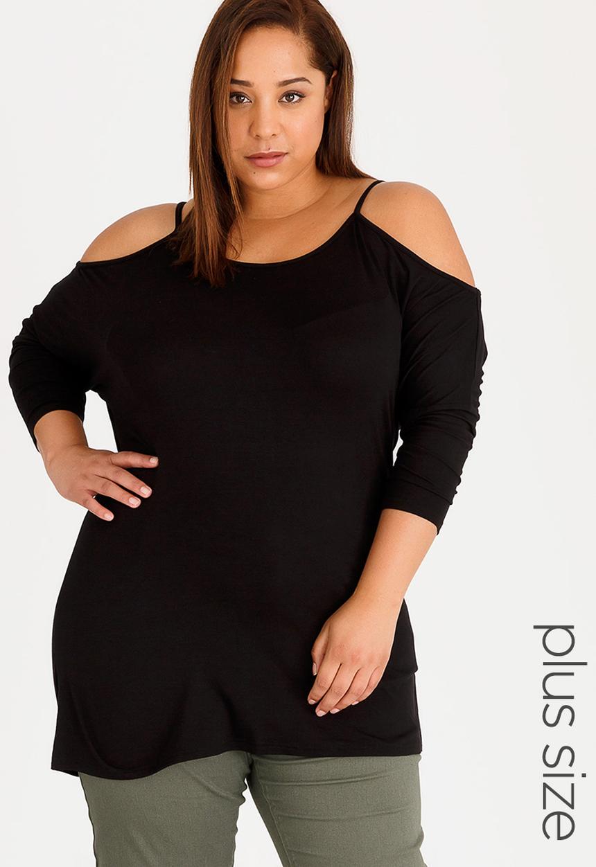 edit Plus - Cold Shoulder Long Sleeve Tee Black