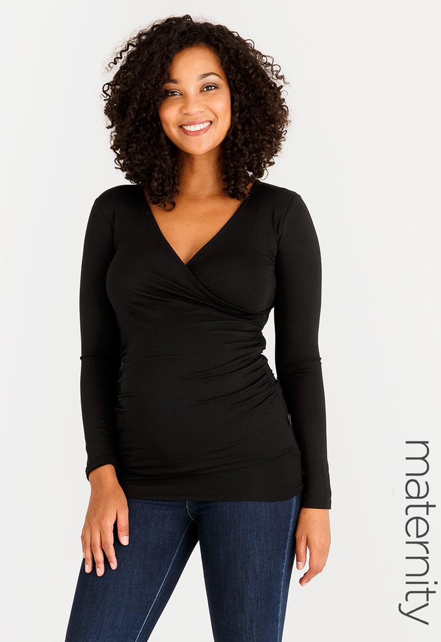 Cherry Melon - Maternity Gauged Wrap Top Long Sleeve - Black
