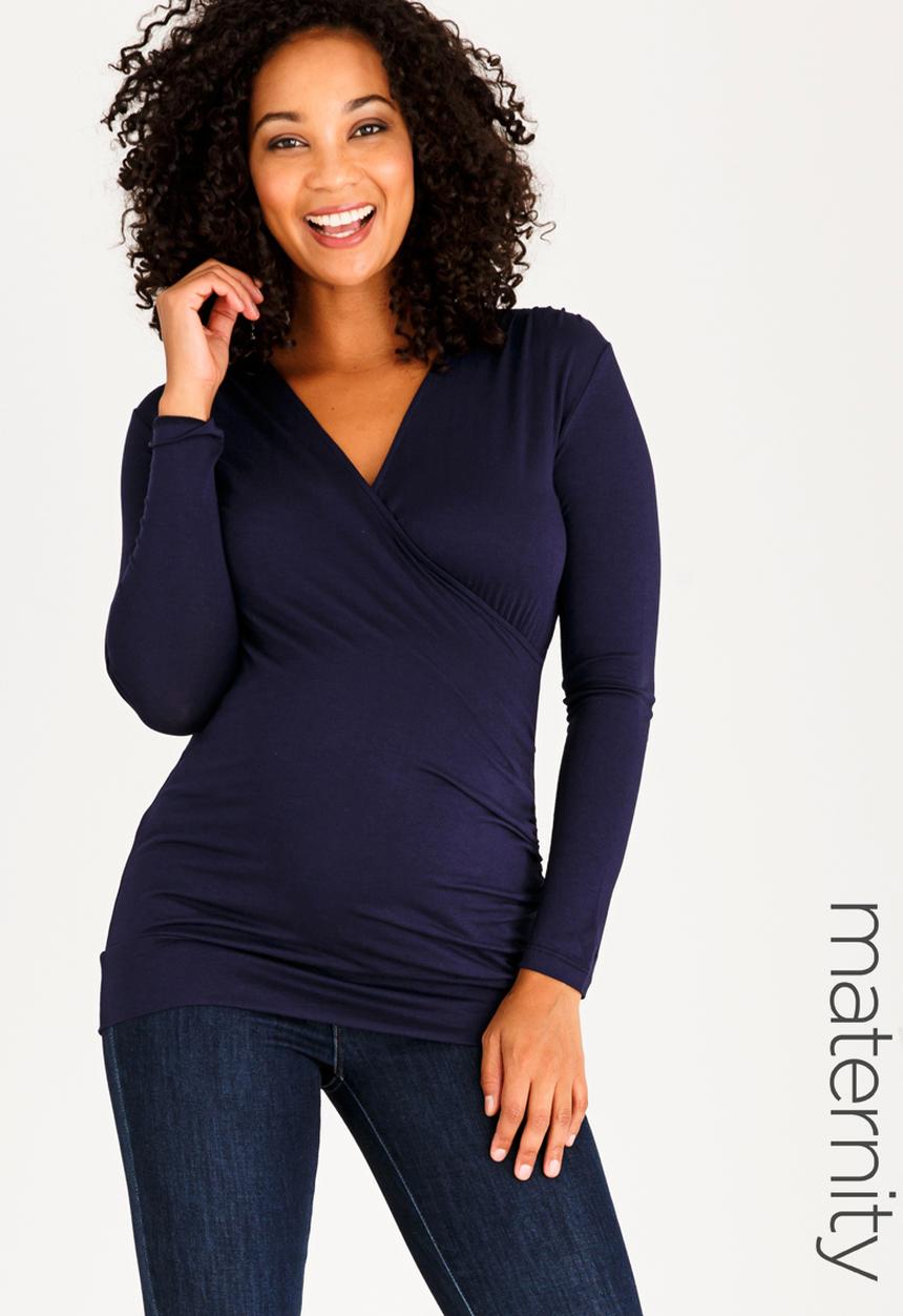edit Maternity - Cross-Over Front Top with Gauging Detail Navy
