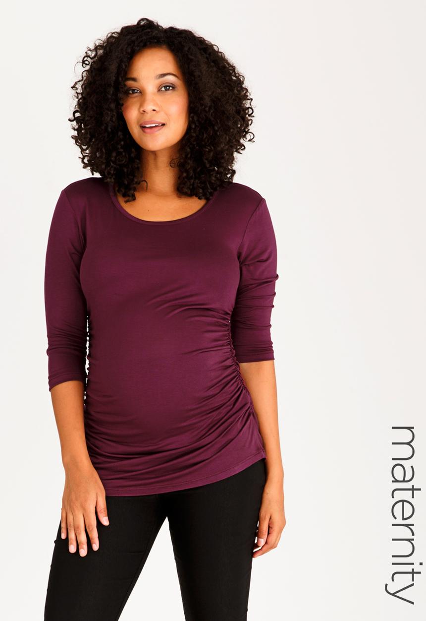 edit Maternity - Side Ruched Tee with 3/4 Sleeve Burgundy