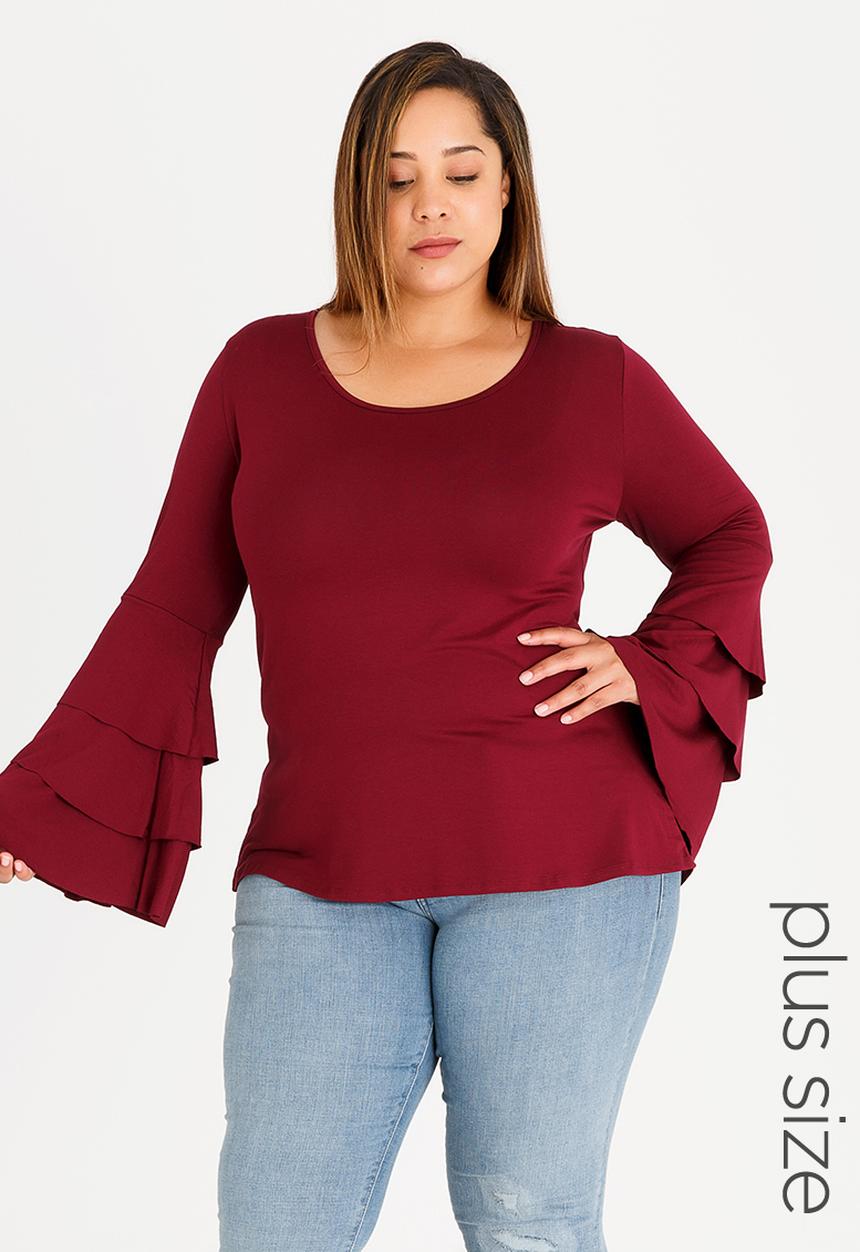 STYLE REPUBLIC PLUS - Tiered Sleeve Tee Burgundy