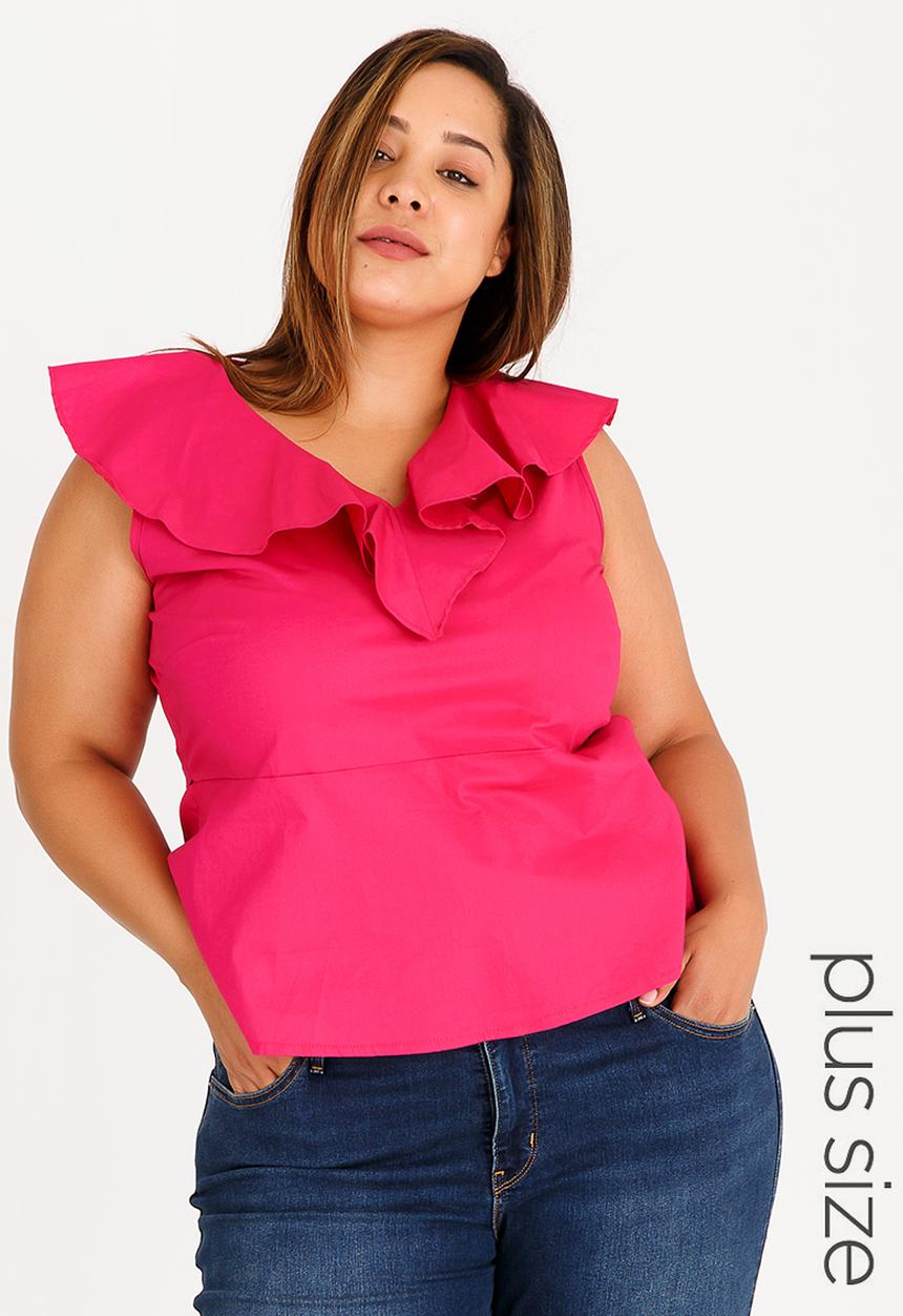 edit Plus - Cotton Blouse with Frill Neckline Cerise Pink