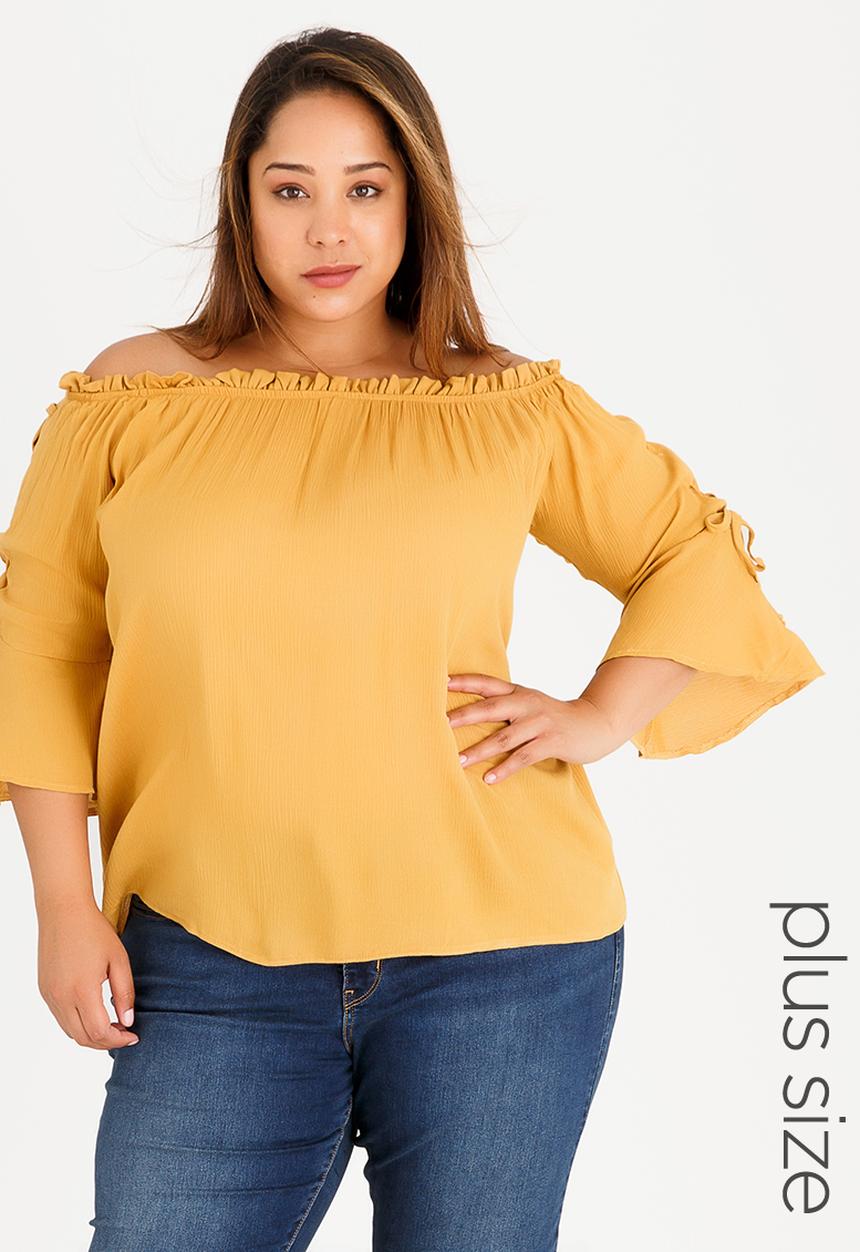 STYLE REPUBLIC PLUS - Bardot Tunic with Sleeve Detail Yellow