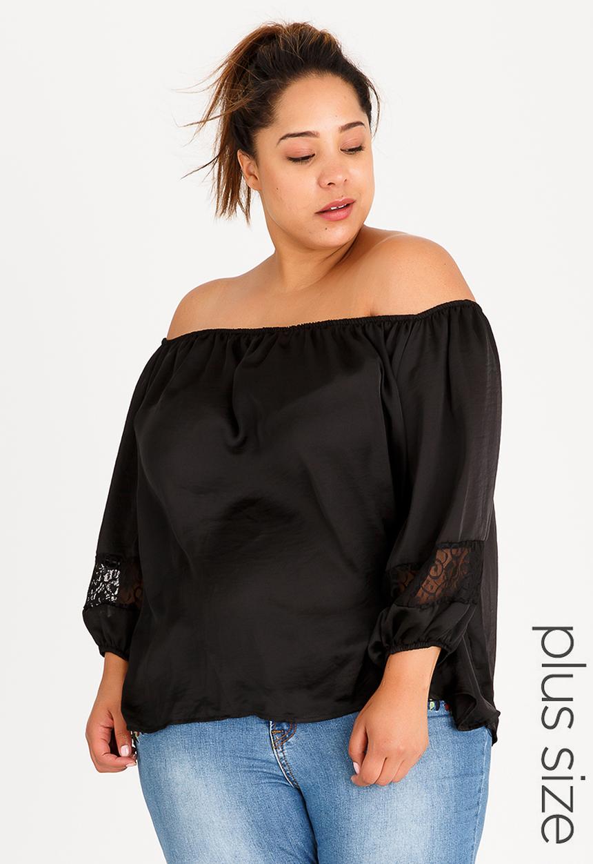 edit Plus - Bardot Satin Blouse with Lace Detail Black