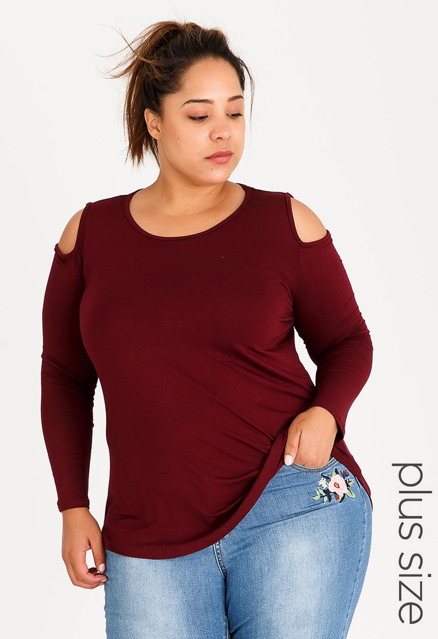 edit Plus - Cold Shoulder Tshirt Maroon