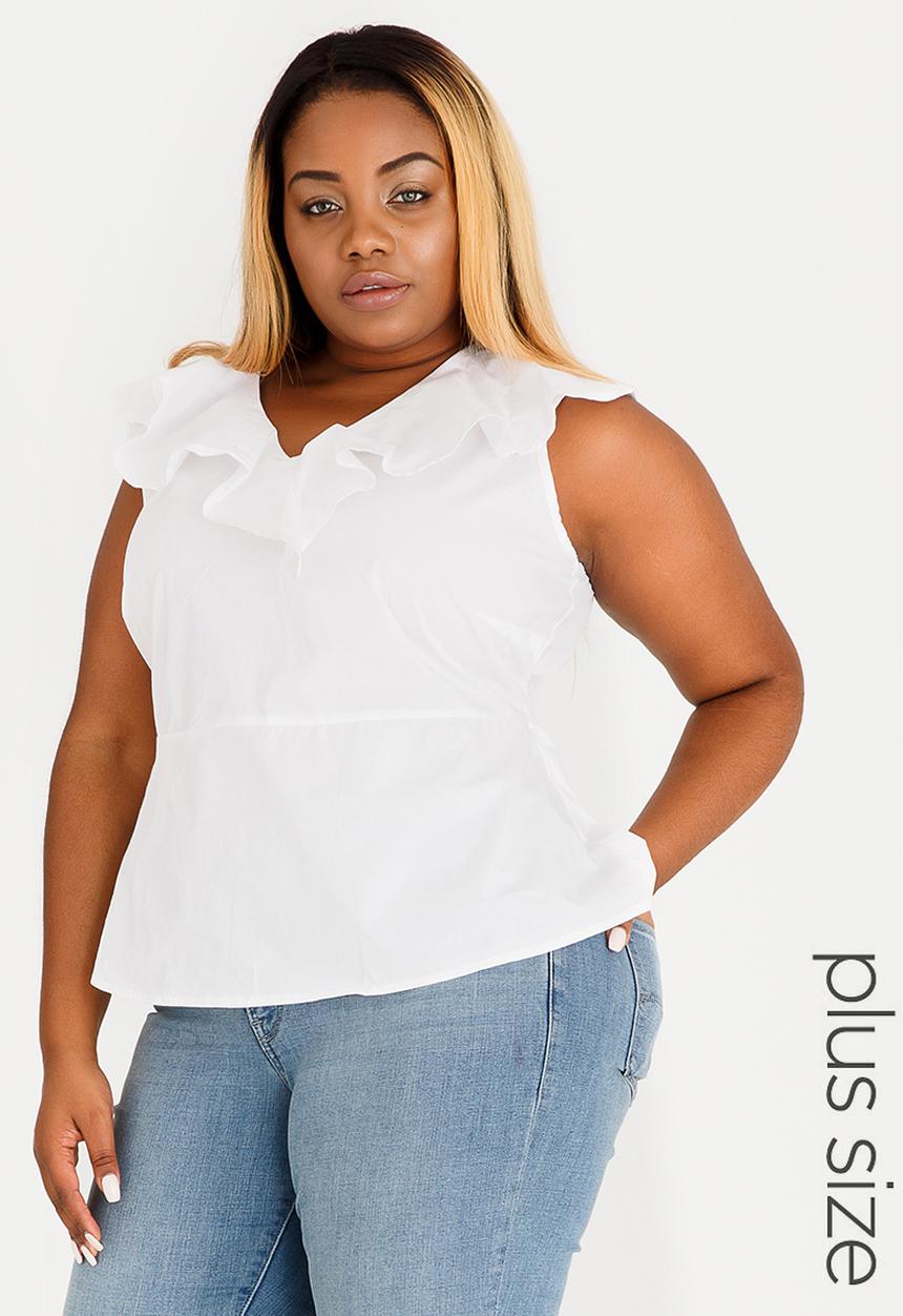 edit Plus - Cotton Blouse with Frill Neckline White