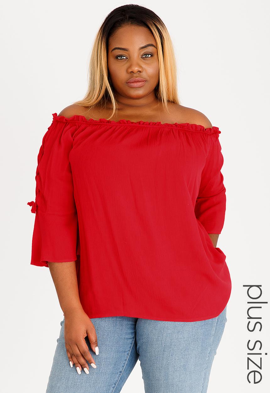STYLE REPUBLIC PLUS - Bardot Tunic with Sleeve Detail Red