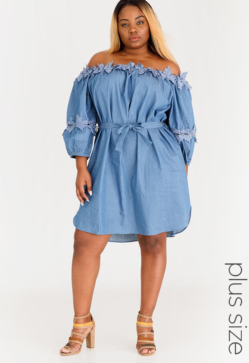 STYLE REPUBLIC PLUS - Crochet Trim Bardot Dress Mid Blue