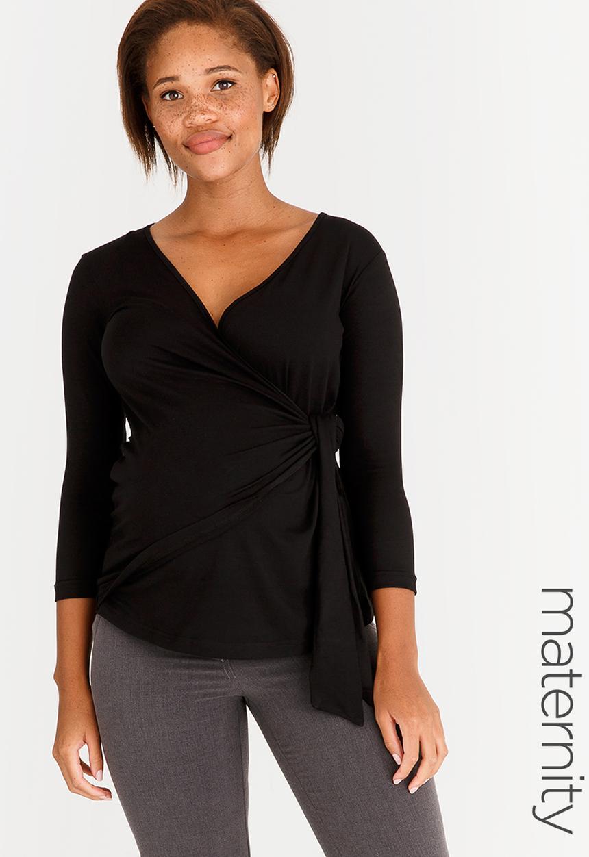 edit Maternity - 3/4 Sleeve Wrap Top Black