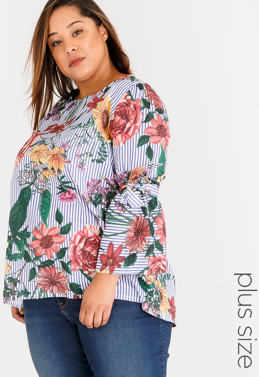STYLE REPUBLIC PLUS - Floral and Stripe Print Blouse Blue and White