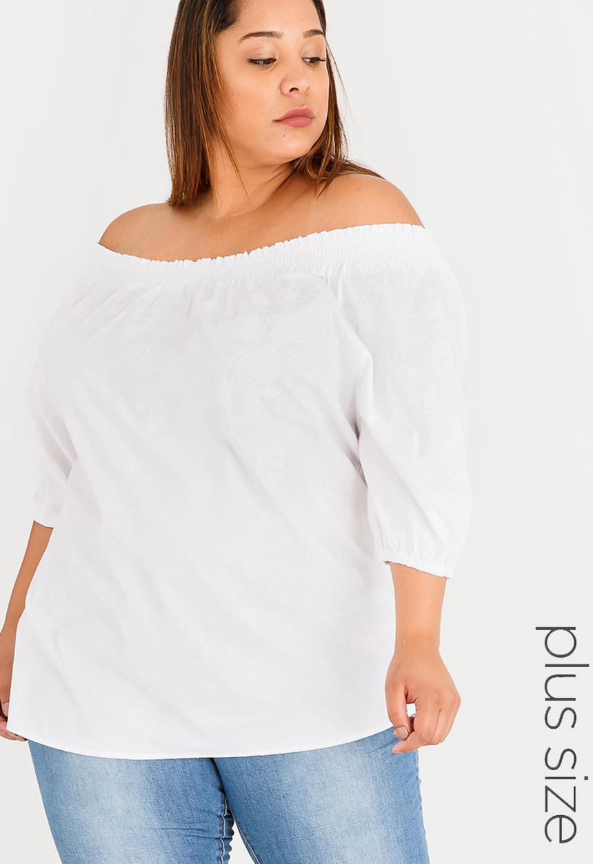 edit Plus - Embroidered Bardot Volume Sleeve Top White