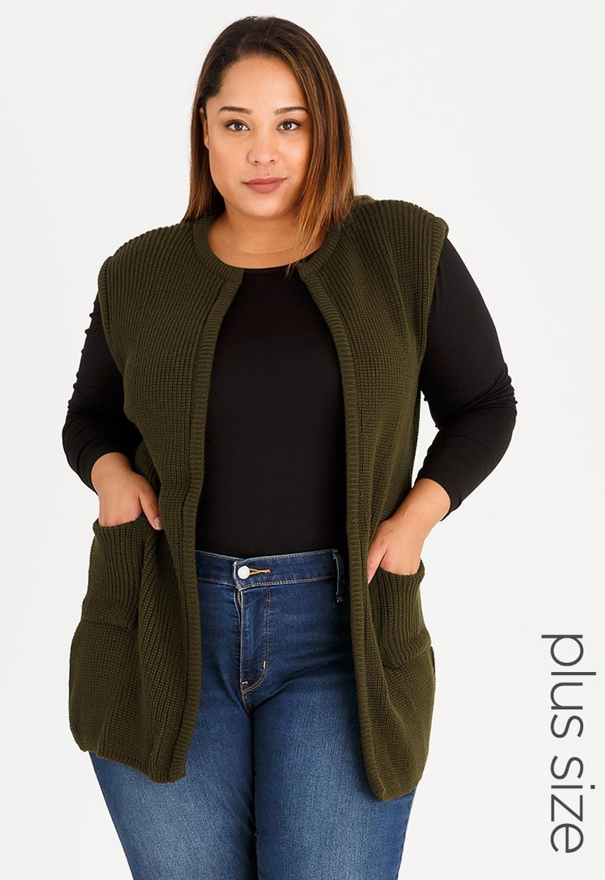 edit Plus - Sleeveless Cardi Khaki Green