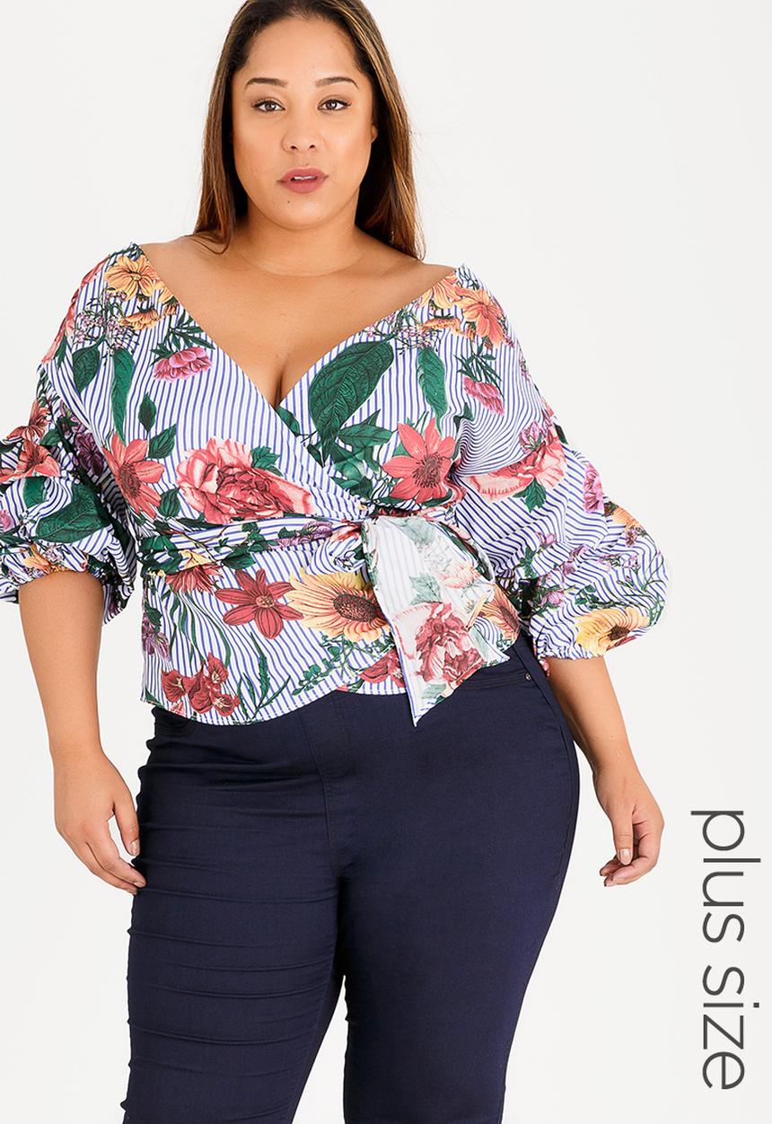 STYLE REPUBLIC PLUS - Striped Puff Sleeve Wrap Blouse Blue and White