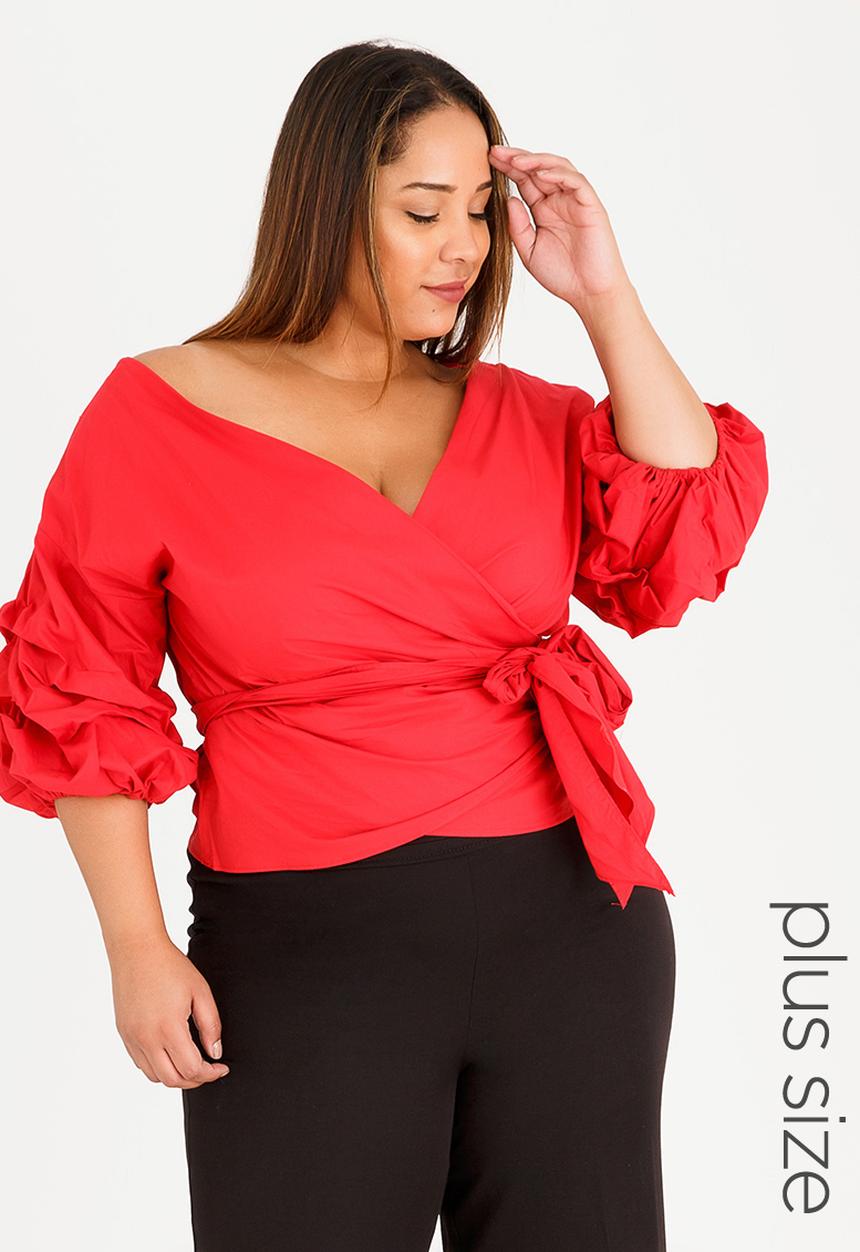 STYLE REPUBLIC PLUS - Puff Sleeve Wrap Blouse Red