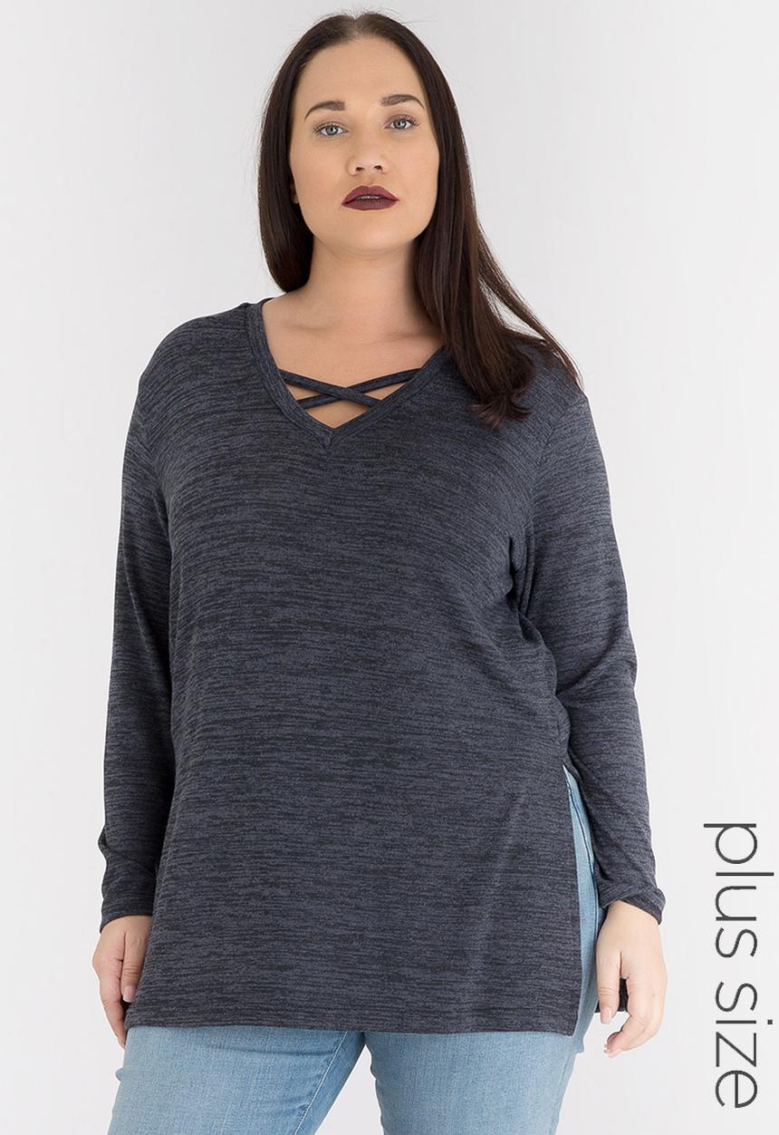 STYLE REPUBLIC PLUS - Criss Cross Neckline High Slit Jersey Black