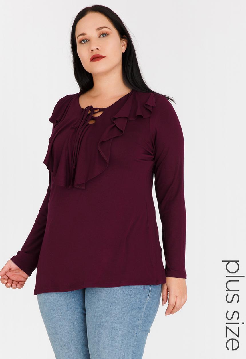 STYLE REPUBLIC PLUS - Frill Lace-Up Top Burgundy