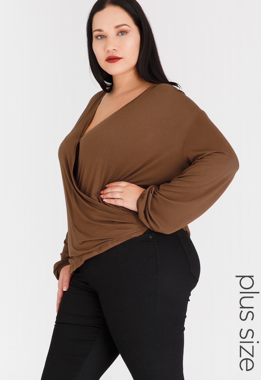 STYLE REPUBLIC PLUS - Lace Inset Wrap Blouse Brown