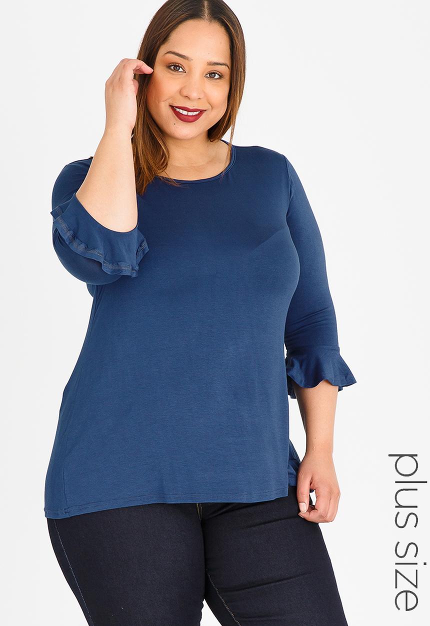 edit Plus - 3/4 Sleeve Frill T-Shirt Mid Blue