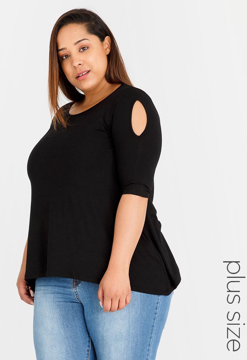 edit Plus - Cold Shoulder T-shirt with 3/4 Sleeves Black