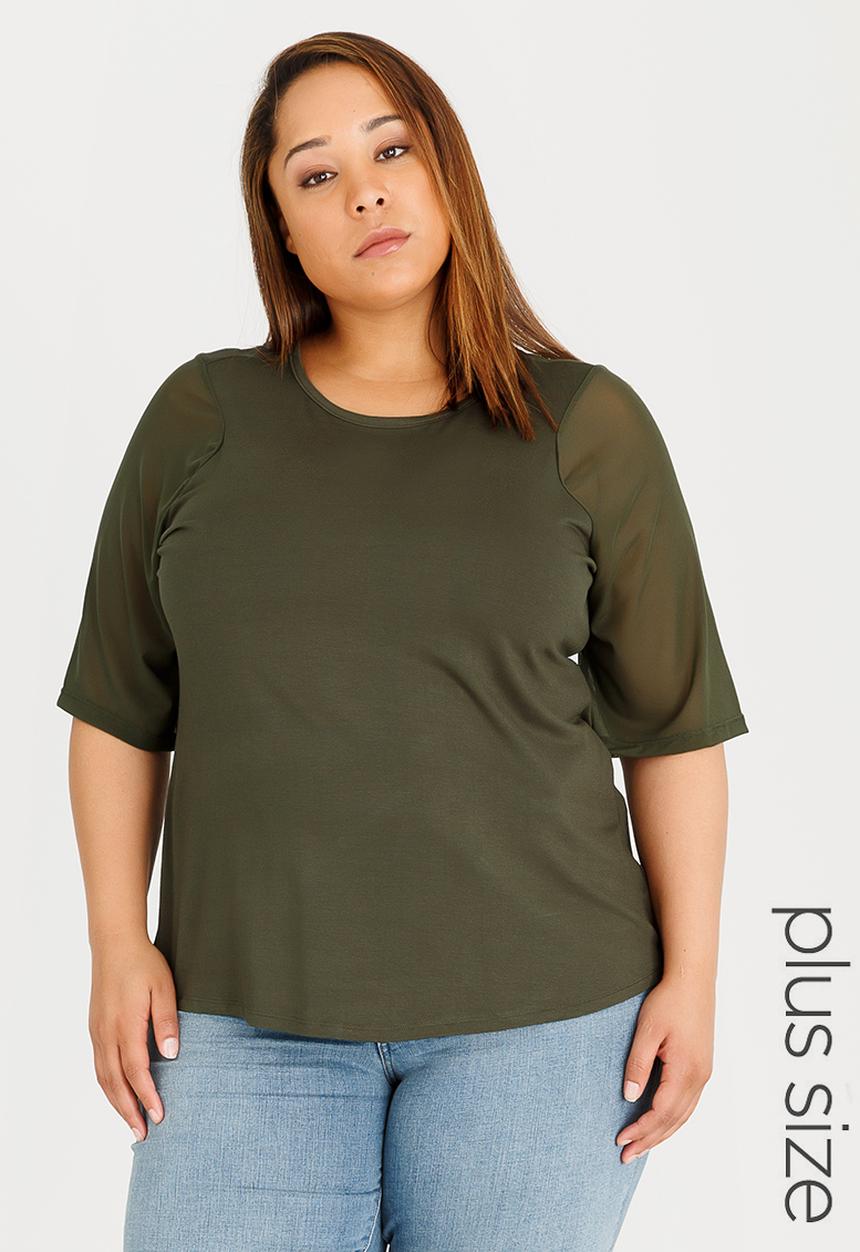 STYLE REPUBLIC PLUS - Mesh Sleeve Tee Khaki Green
