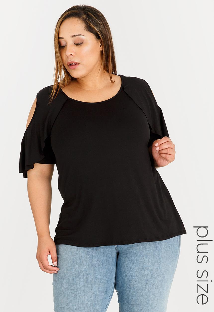 STYLE REPUBLIC PLUS - Cold Shoulder Frill T-shirt Black