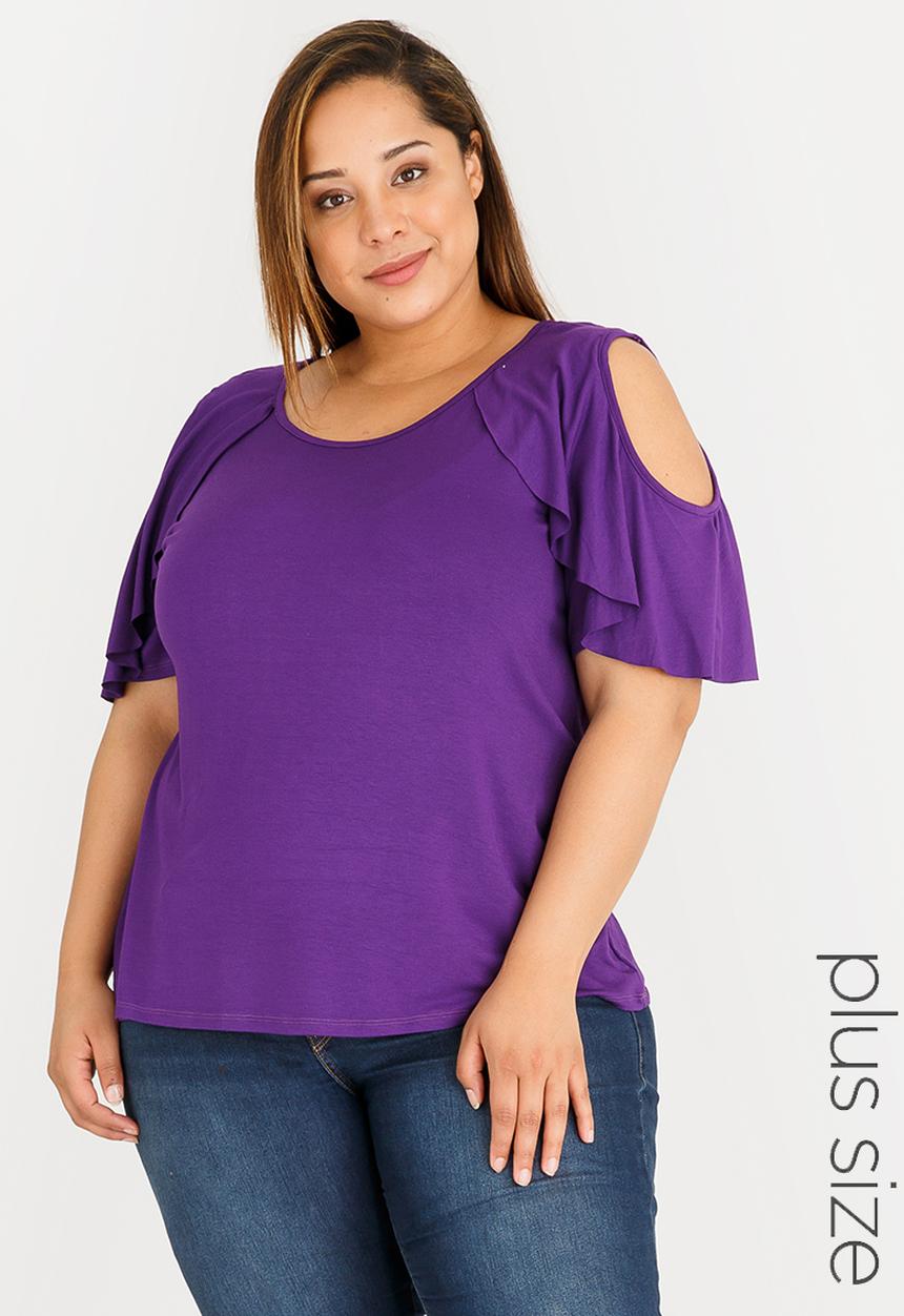 STYLE REPUBLIC PLUS - Cold Shoulder Frill T-shirt Mid Purple