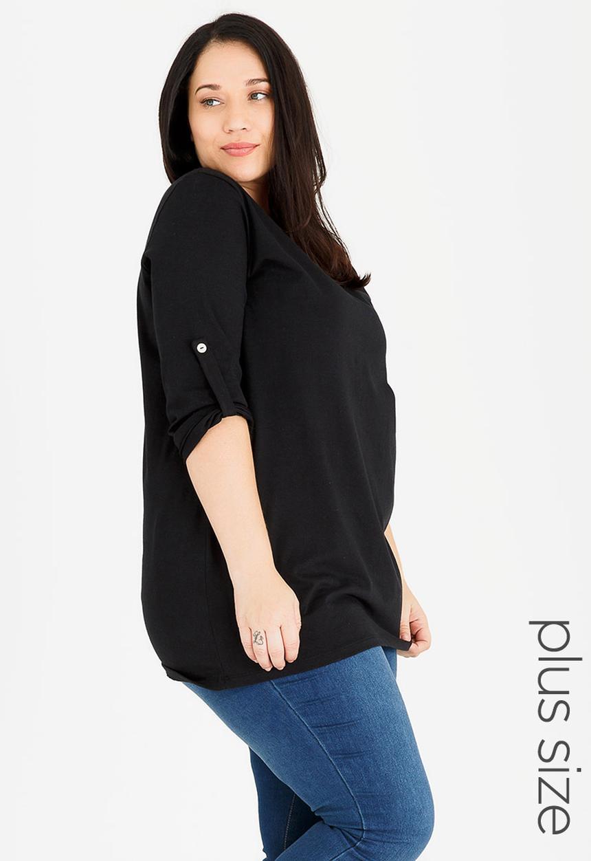edit Plus - 3/4 Sleeve T-shirt with Tab Detail Black
