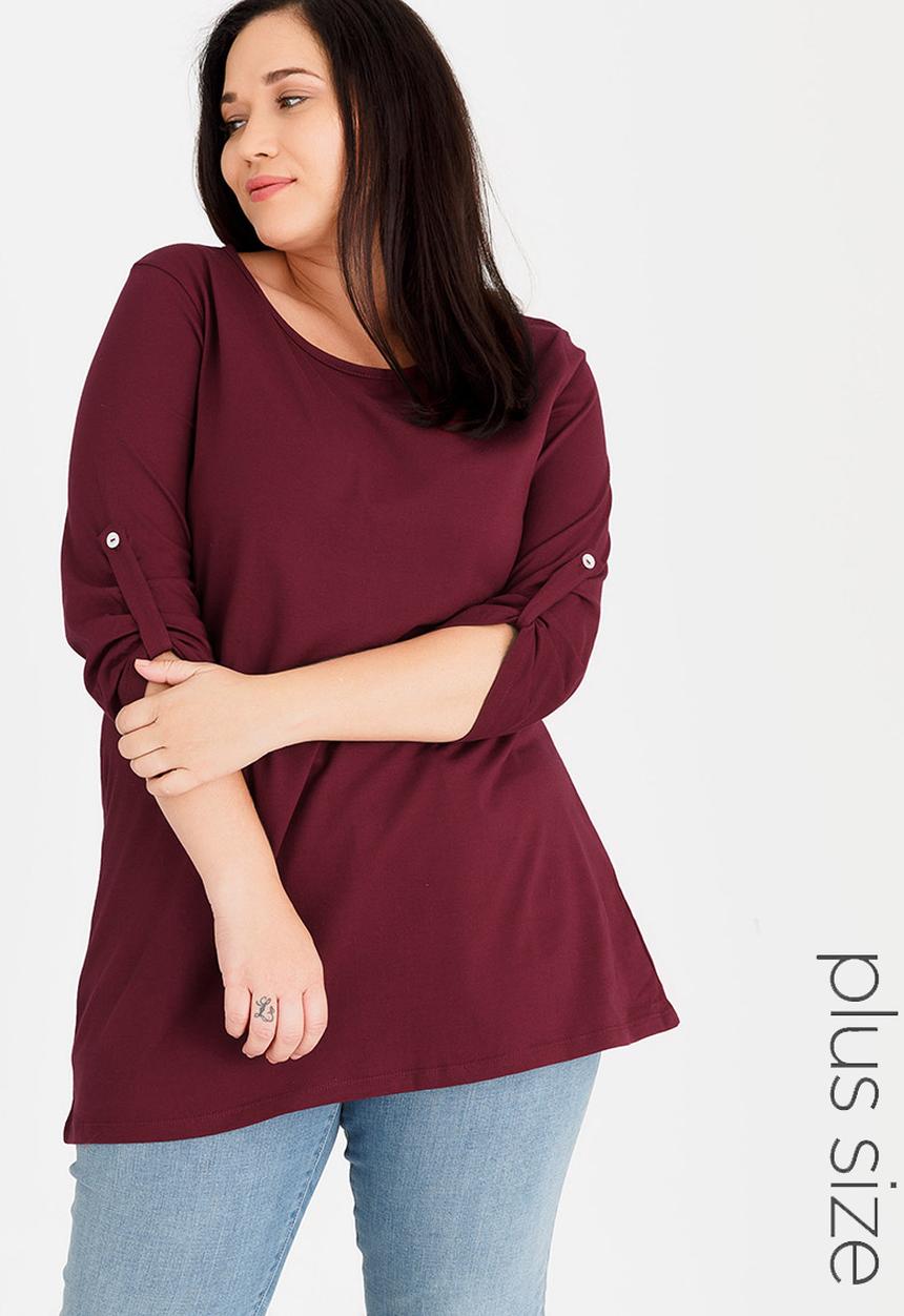 edit Plus - 3/4 Sleeve T-shirt with Tab Detail Burgundy