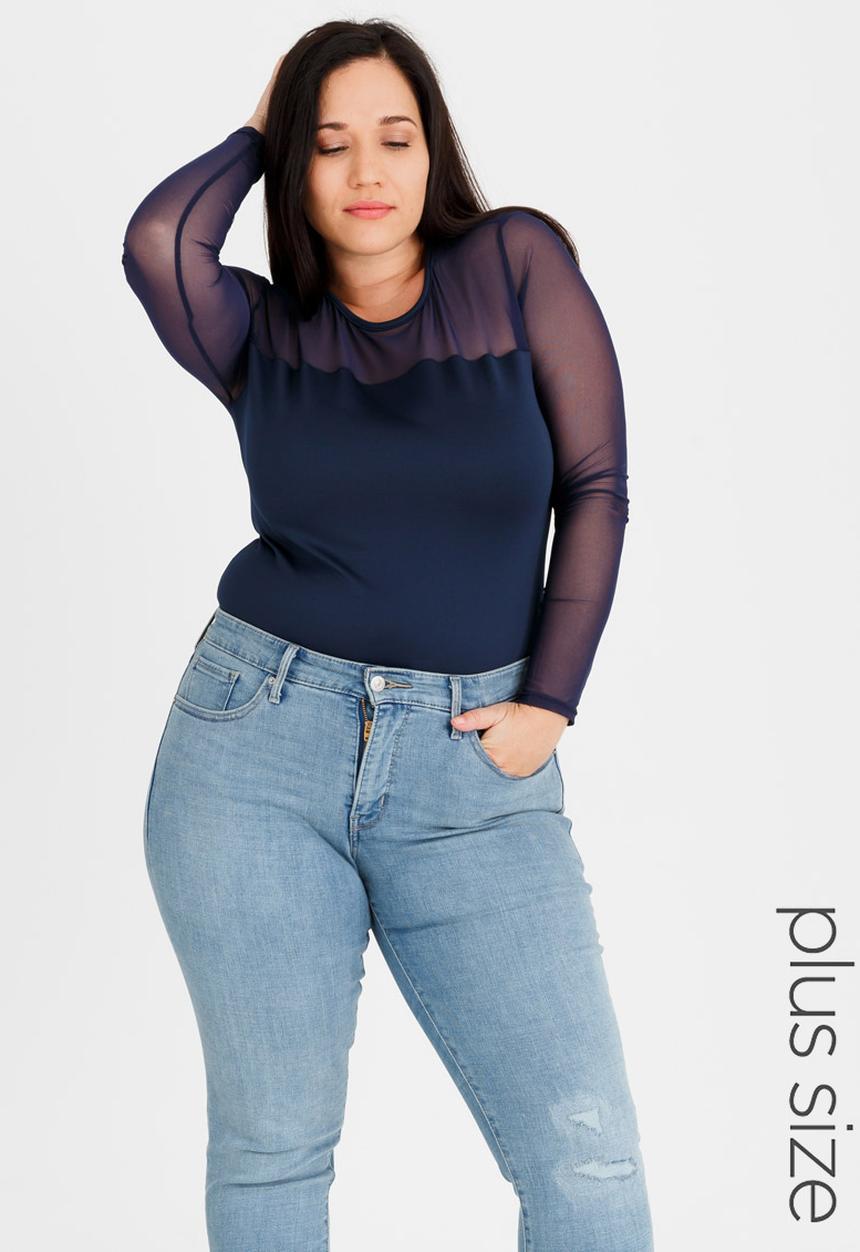 STYLE REPUBLIC PLUS - Scuba Bodysuit with Mesh sleeve Navy