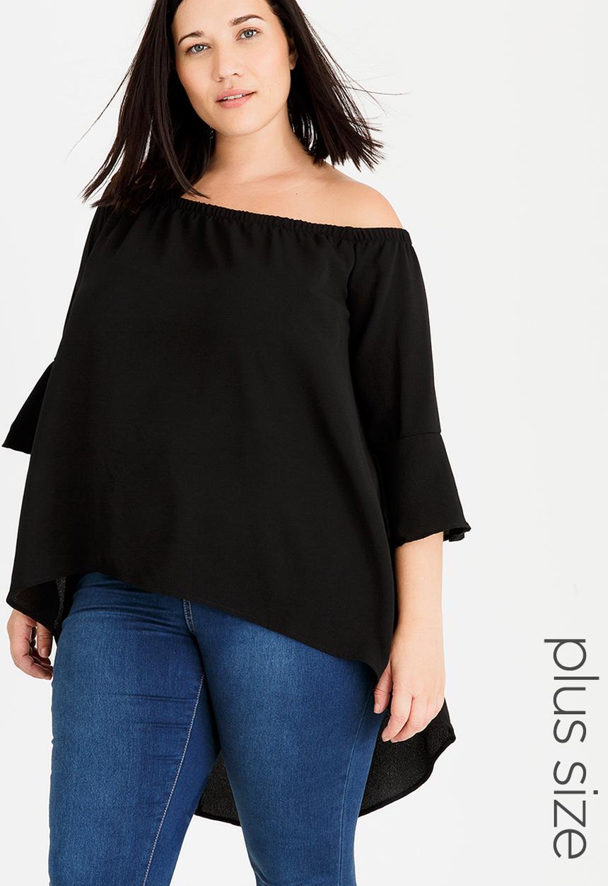 edit Plus - Hi-Low Tunic with Flare Sleeve Black