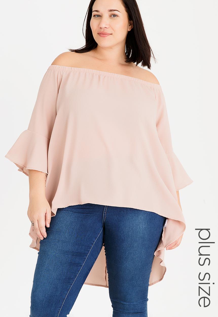 edit Plus - Hi-Low Tunic with Flare Sleeve Pale Pink