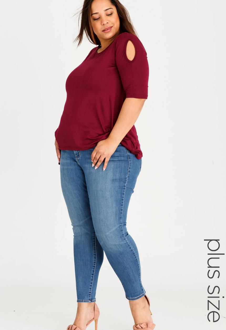 edit Plus - Cold Shoulder T-shirt with 3/4 Sleeves Dark Red