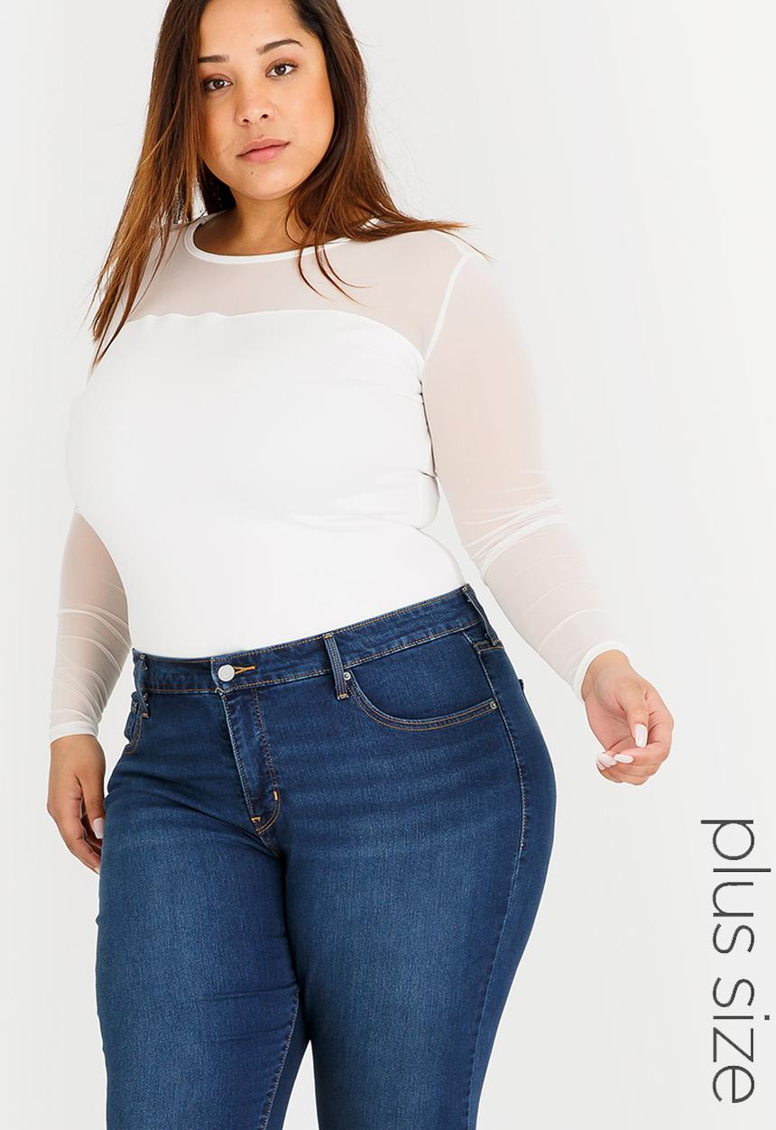 STYLE REPUBLIC PLUS - Scuba Bodysuit with Mesh sleeve White