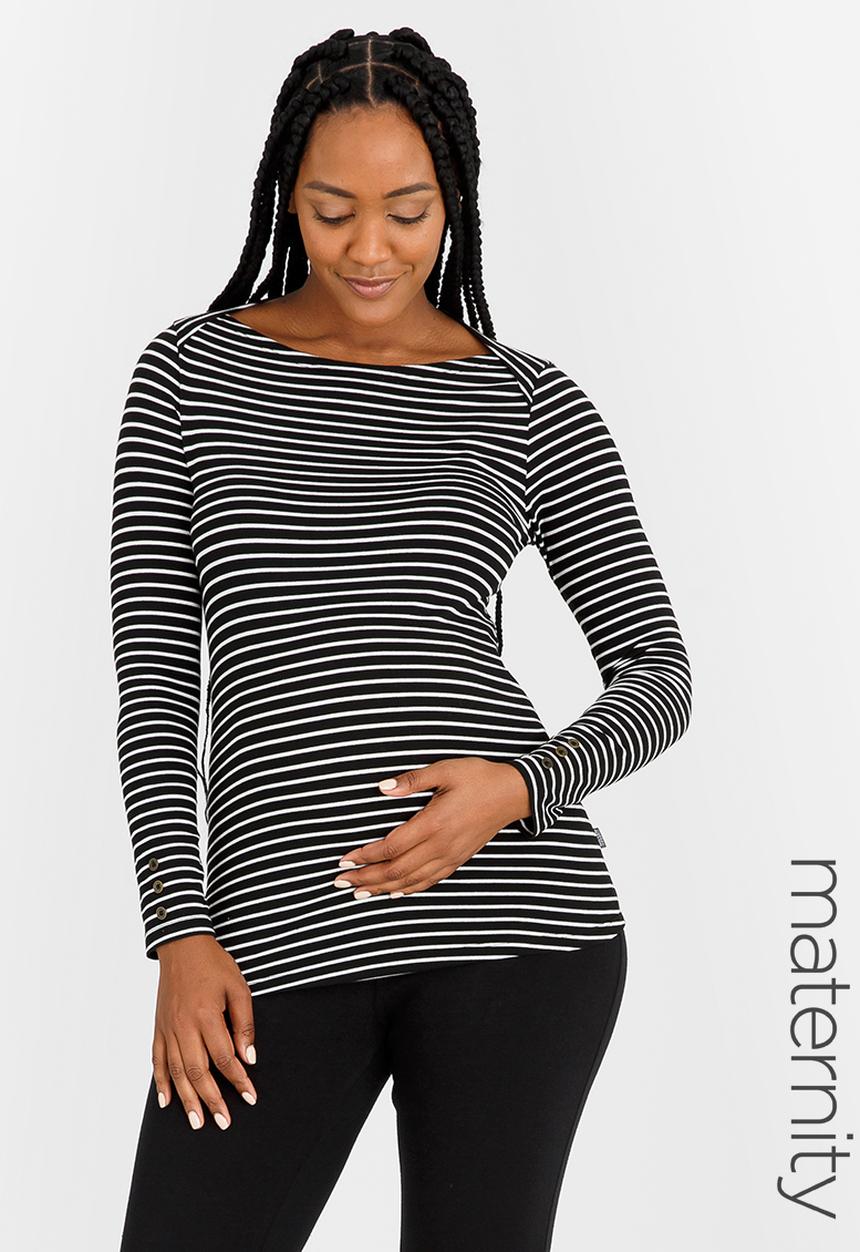 Cherry Melon - Boat-Neck Top with Long Sleeves Black and White