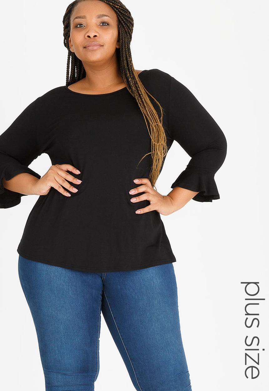 edit Plus - 3/4 Sleeve Frill T-Shirt Black