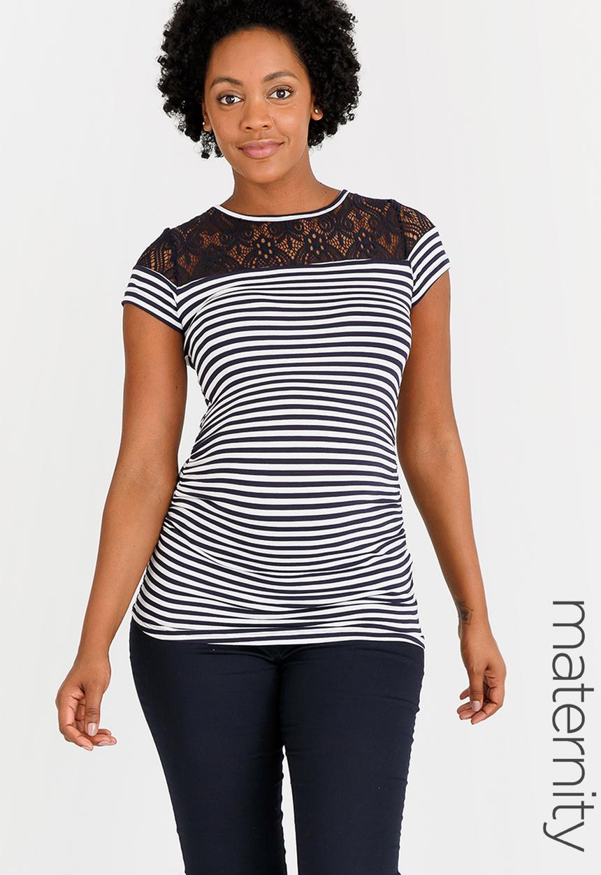 edit Maternity - Lace Inset Stripe T-shirt Navy & White