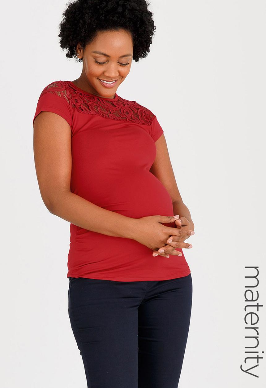 edit Maternity - Lace Inset Stripe T-shirt Red